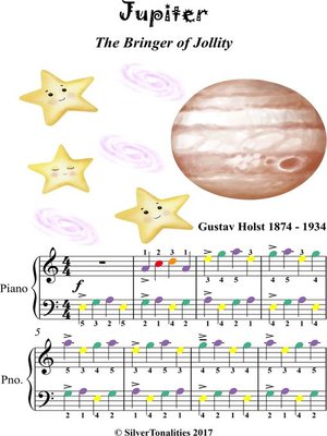 cover image of Jupiter the Bringer of Jollity Easy Piano Sheet Music with Colored Notes
